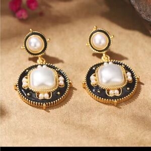 Gold-Tone Black and Pearl Drop Earrings - Elegant Women’s Jewelry